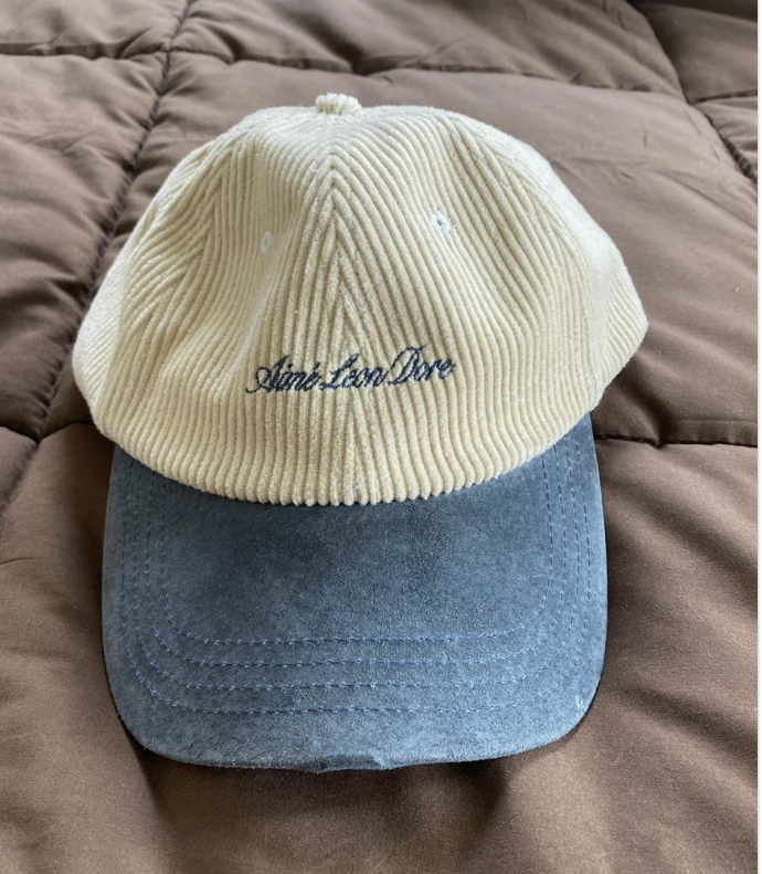 Cream corduroy cap with a script logo and a grey suede brim -- Aimé Leon Dore