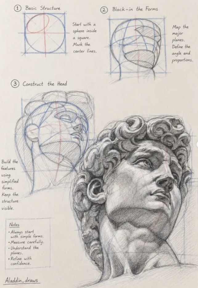 Three-step construction of Michelangelo's David's head -- sphere in a square, blocked-in planes, finished drawing -- Aladdin_draws