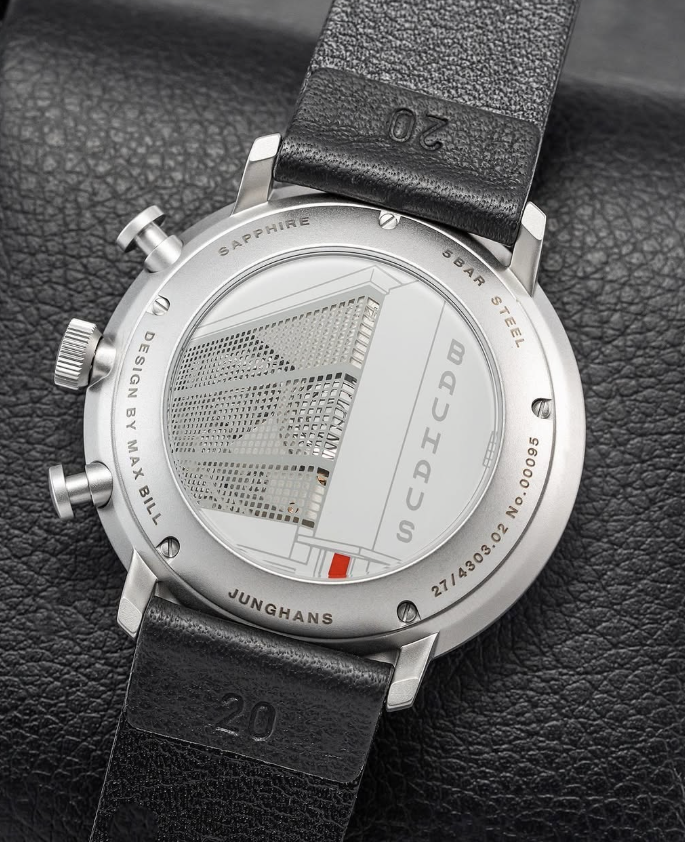 Junghans Max Bill chronoscope caseback, the Dessau Bauhaus building etched on it