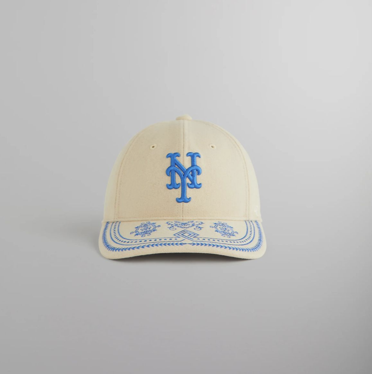 Cream wool Mets cap with a royal blue NY monogram and a bandana-print brim -- Kith