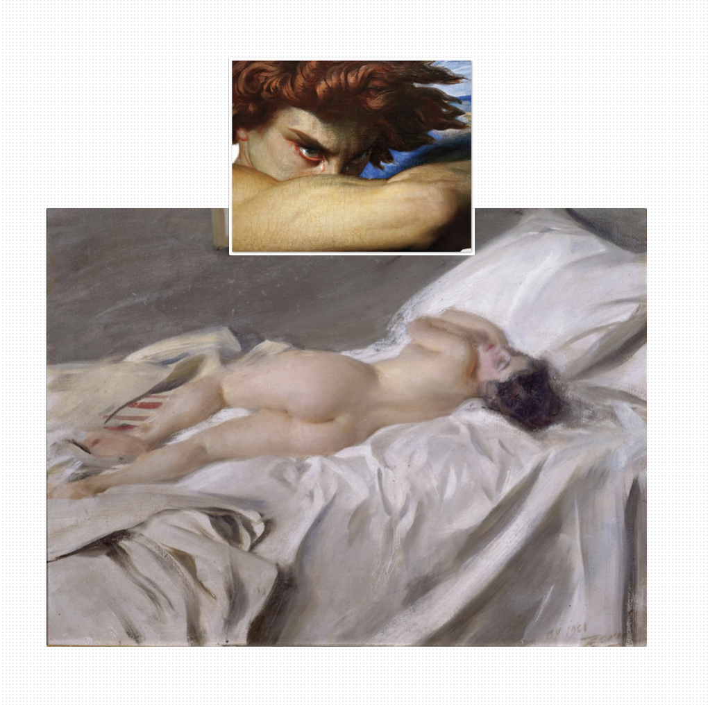 Anders Zorn nude on white sheets, 1908, with a red-haired painted head laid over it as an inset