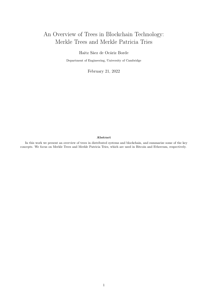 Title page of Haitz Sáez de Ocáriz Borde, "An Overview of Trees in Blockchain Technology: Merkle Trees and Merkle Patricia Tries", February 2022.