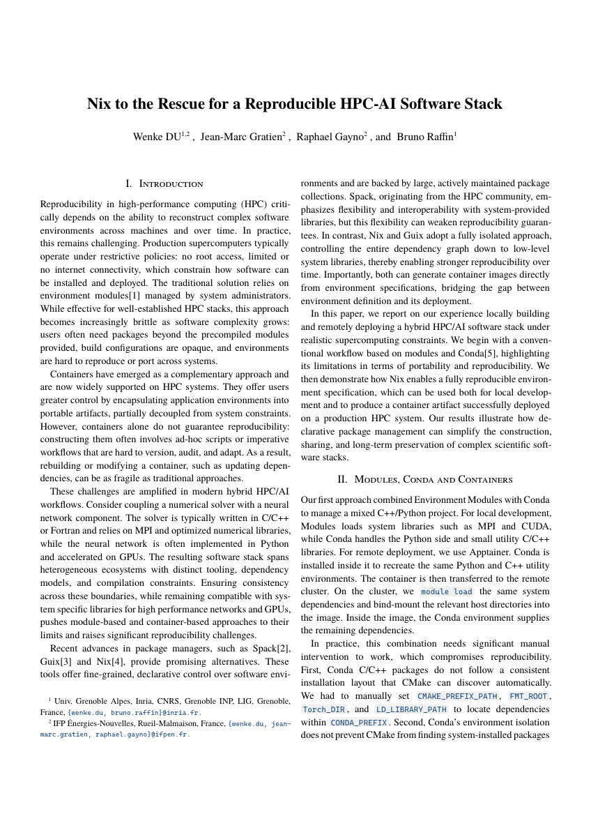 First page of Du, Gratien, Gayno and Raffin, "Nix to the Rescue for a Reproducible HPC-AI Software Stack".