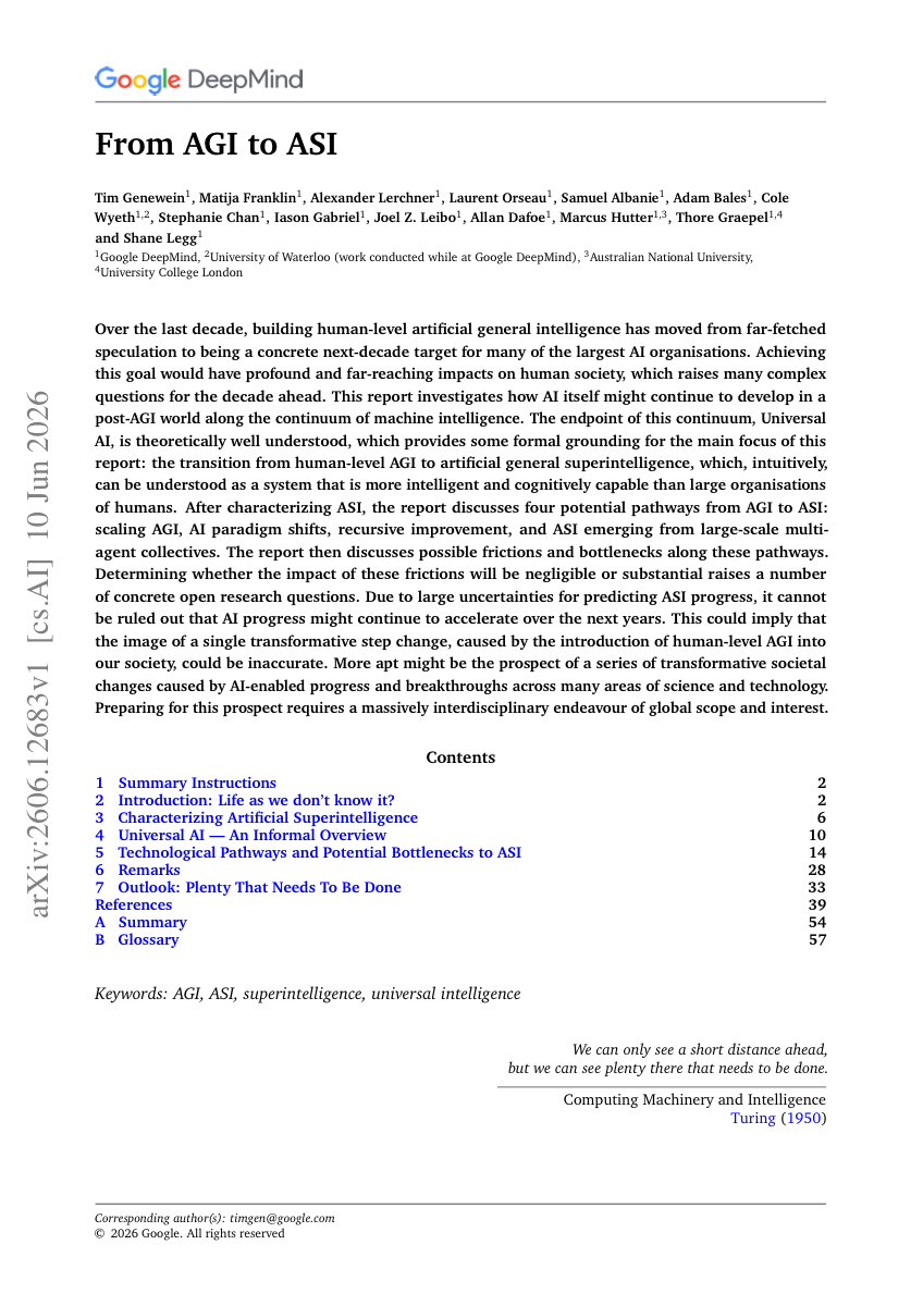 First page of the Google DeepMind report "From AGI to ASI", Genewein and others, June 2026.