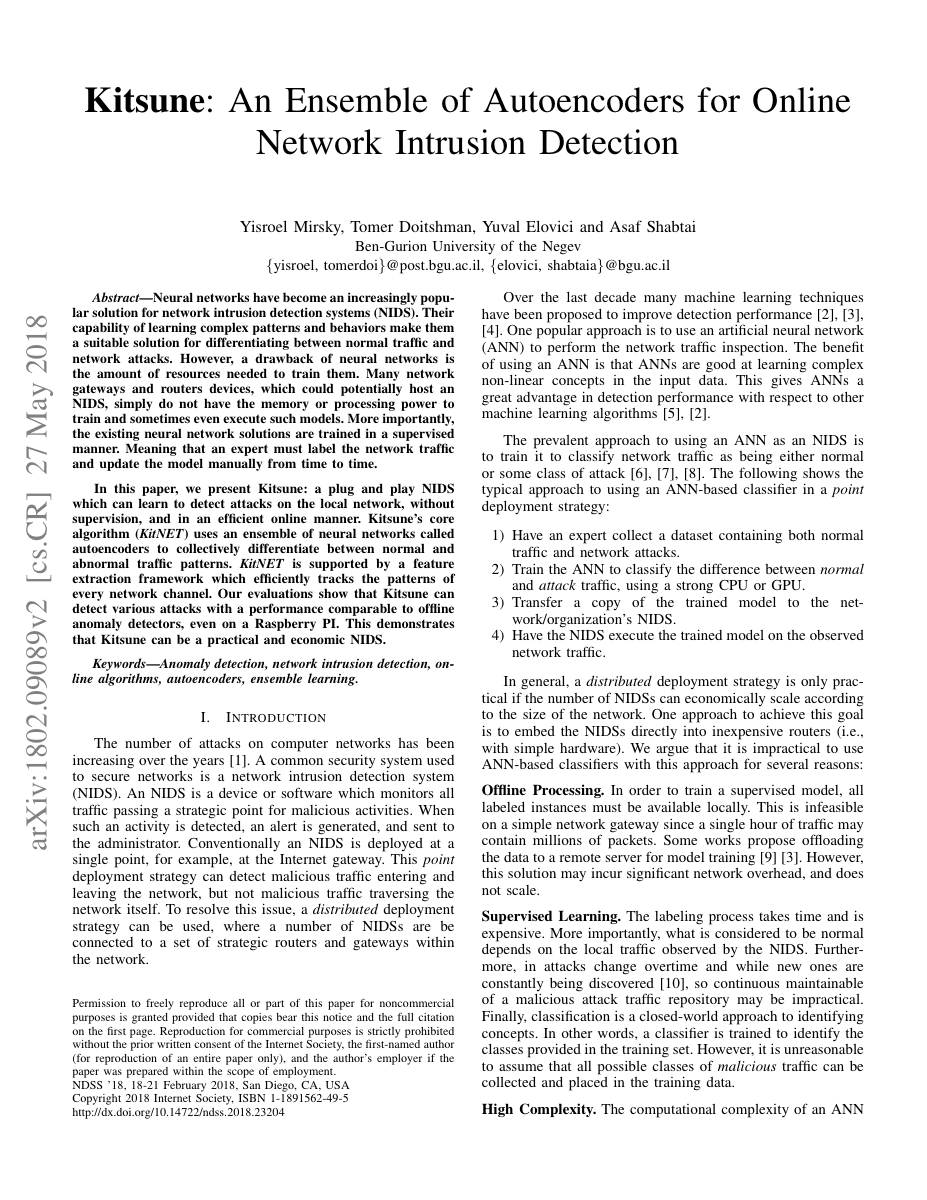First page of Mirsky and others, "Kitsune: An Ensemble of Autoencoders for Online Network Intrusion Detection", NDSS 2018.