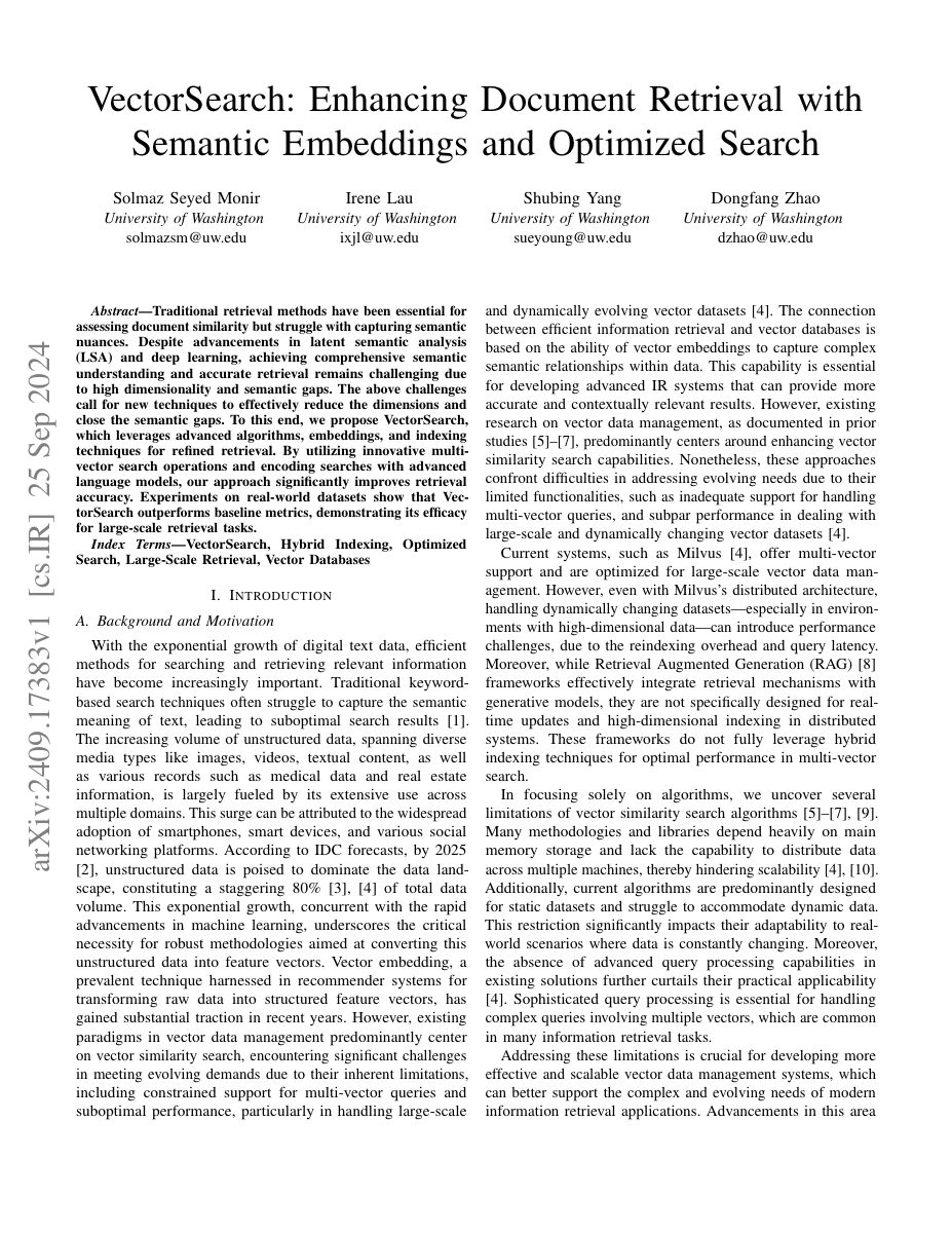 First page of Monir, Lau, Yang and Zhao, "VectorSearch: Enhancing Document Retrieval with Semantic Embeddings and Optimized Search".