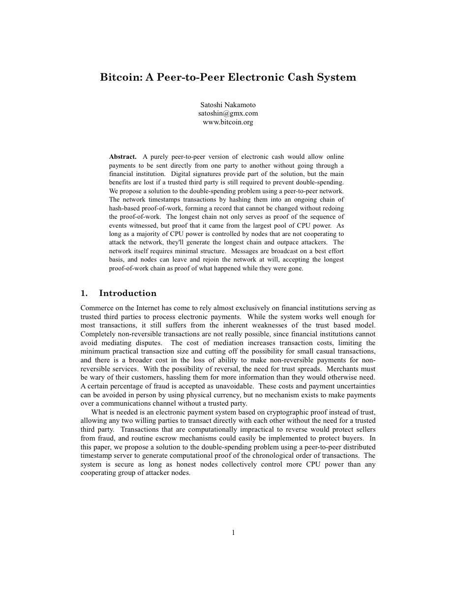 First page of Satoshi Nakamoto, "Bitcoin: A Peer-to-Peer Electronic Cash System".