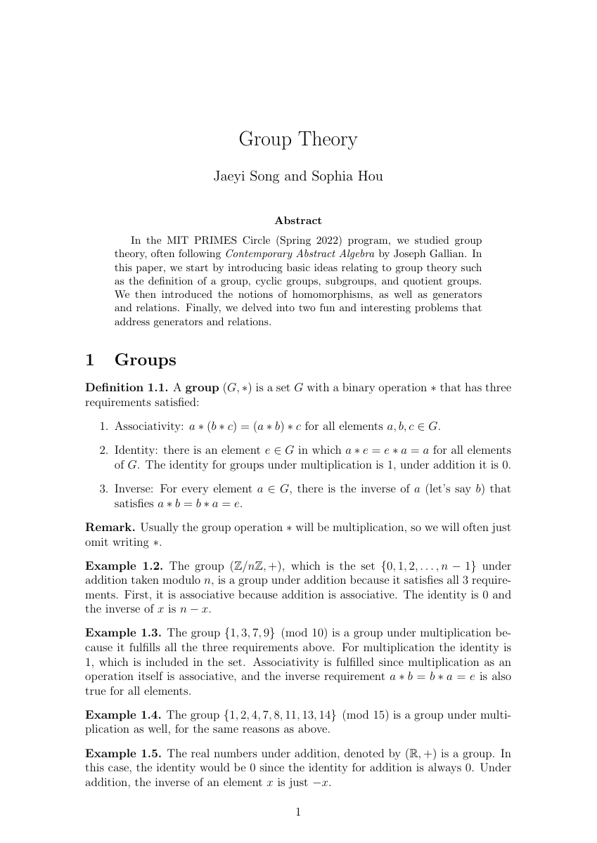 Title page of Jaeyi Song and Sophia Hou, "Group Theory", MIT PRIMES Circle, May 2022.